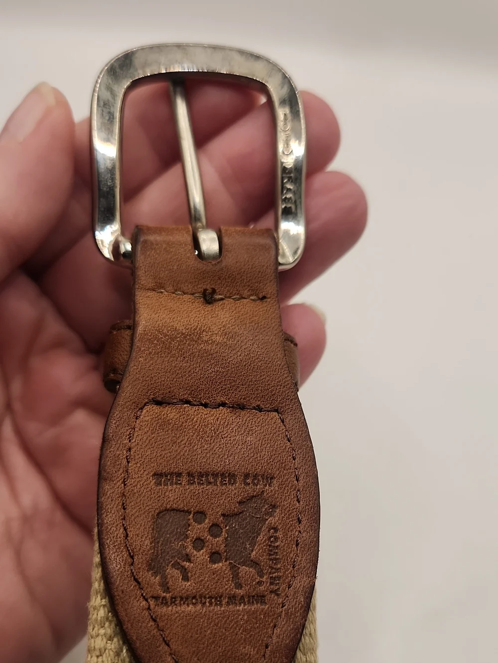 The Belted Cow Company Leather & Blue Belt with Boats Brass Buckle Size 36